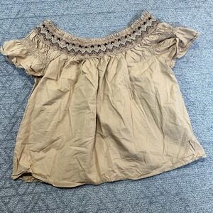 Old Navy Top XL‎ Tan Embroidered Smocked Neck Short Sleeve Blouse Geometric